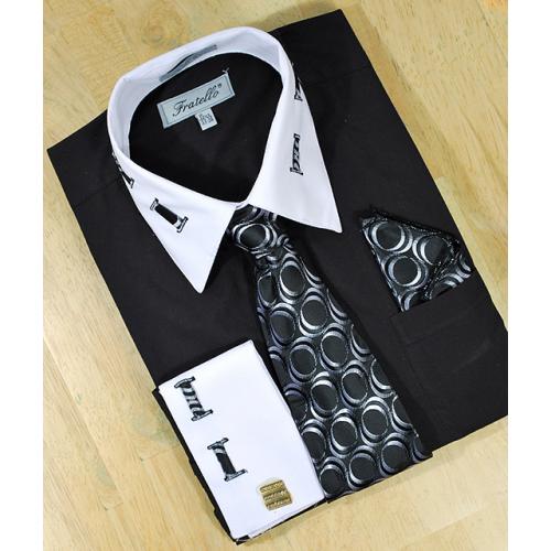 Fratello Black / White Laced Spread Collar And French Cuffs Shirt/Tie/Hanky Set  FRV4105P2